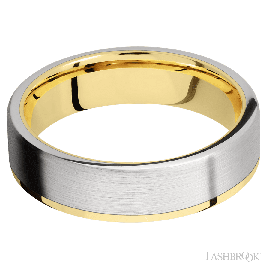 6 mm wide/Flat/14K Yellow Gold band with one 5 mm Off Center Edge inlay of Cobalt Chrome.
