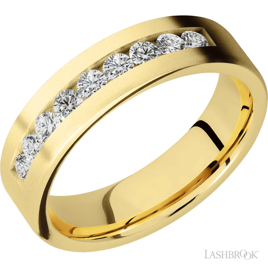 6 mm wide/Flat/14K Yellow Gold band with an arrangement of 9, .07 carat Round Diamond stones in a Channel setting.
