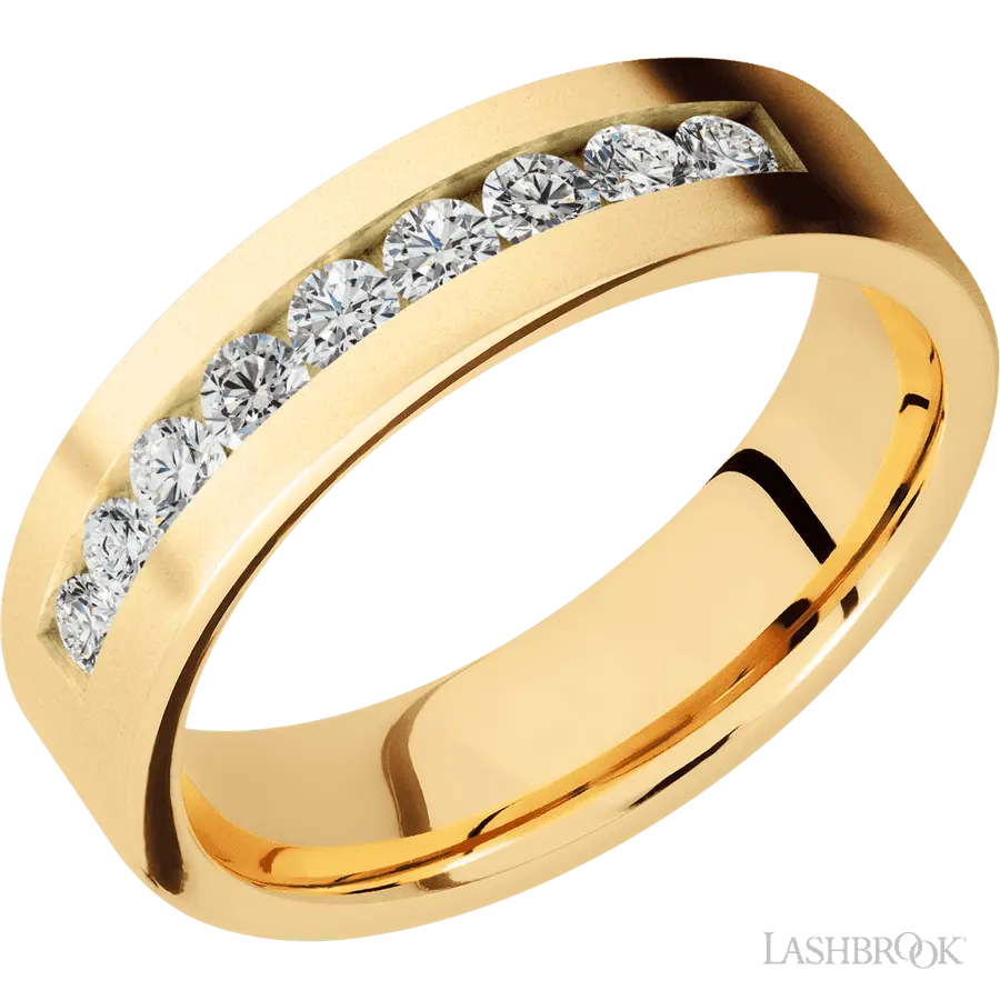 6 mm wide/Flat/14K Yellow Gold band with an arrangement of 9, .07 carat Round Diamond stones in a Channel setting.