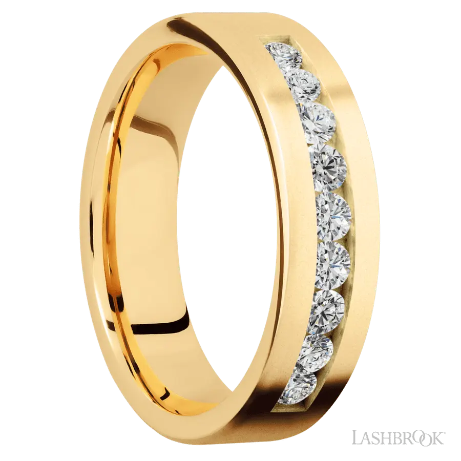 6 mm wide/Flat/14K Yellow Gold band with an arrangement of 9, .07 carat Round Diamond stones in a Channel setting.