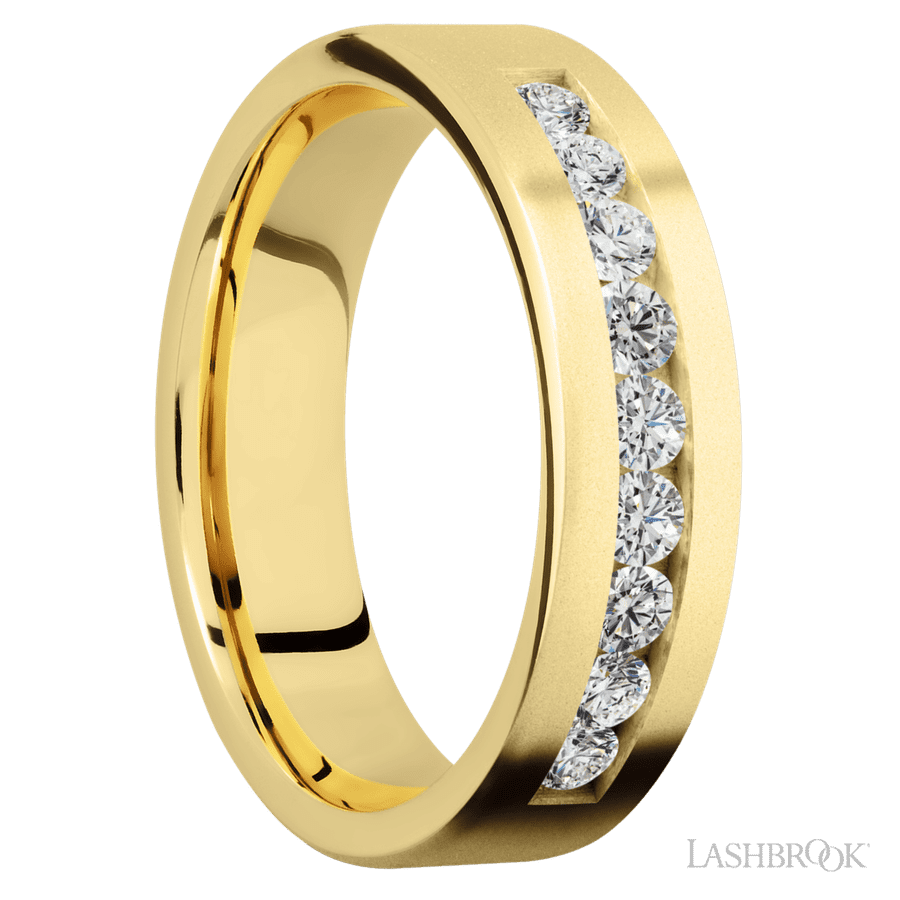 6 mm wide/Flat/14K Yellow Gold band with an arrangement of 9, .07 carat Round Diamond stones in a Channel setting.