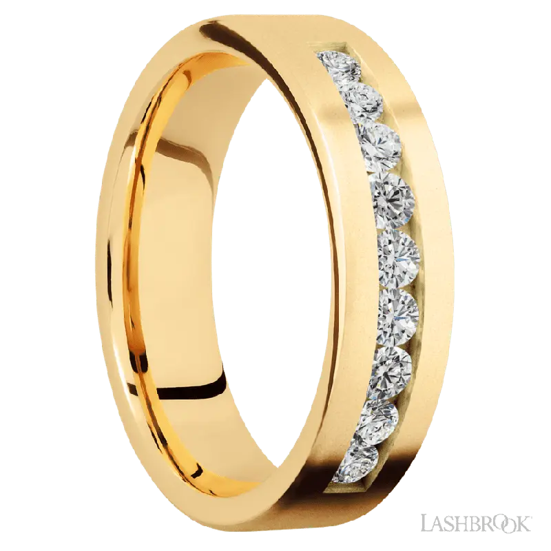 6 mm wide/Flat/14K Yellow Gold band with an arrangement of 9, .07 carat Round Diamond stones in a Channel setting.
