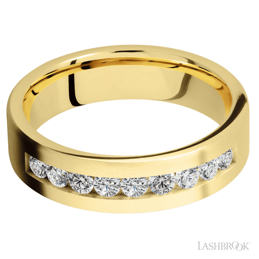 6 mm wide/Flat/14K Yellow Gold band with an  arrangement of 9, .07 carat Round Diamond stones in a Channel setting.