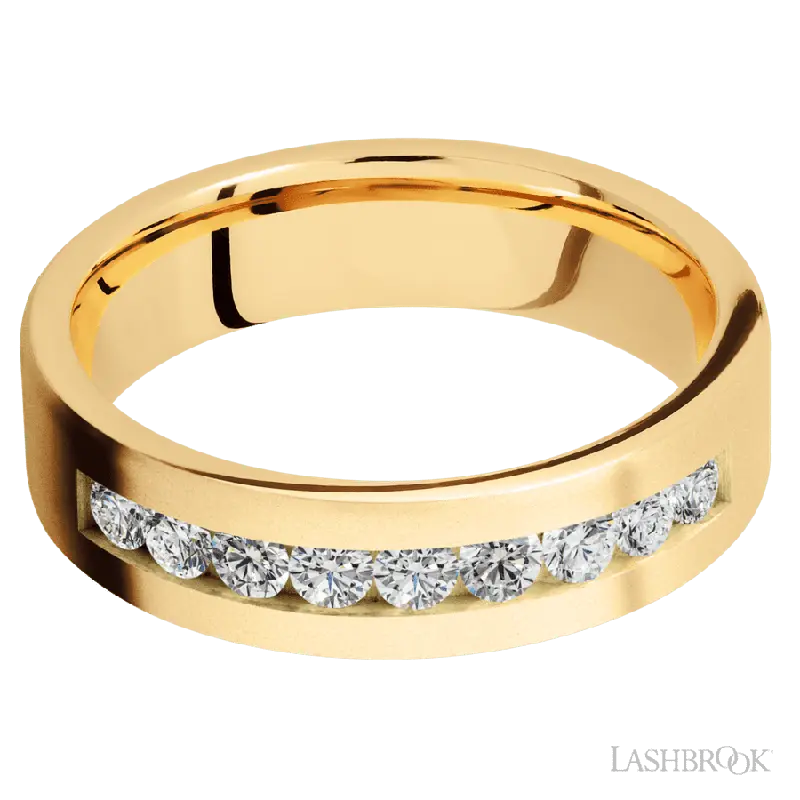 6 mm wide/Flat/14K Yellow Gold band with an arrangement of 9, .07 carat Round Diamond stones in a Channel setting.