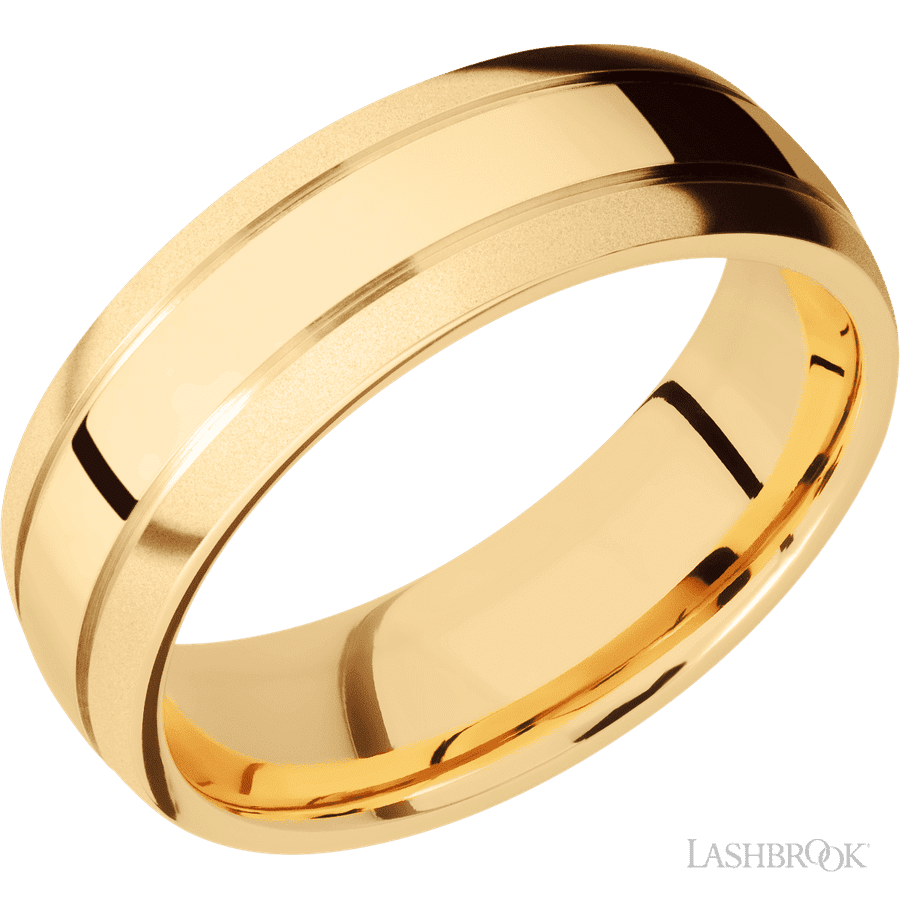 7 mm wide Domed with two accent grooves 14K Yellow Gold band.