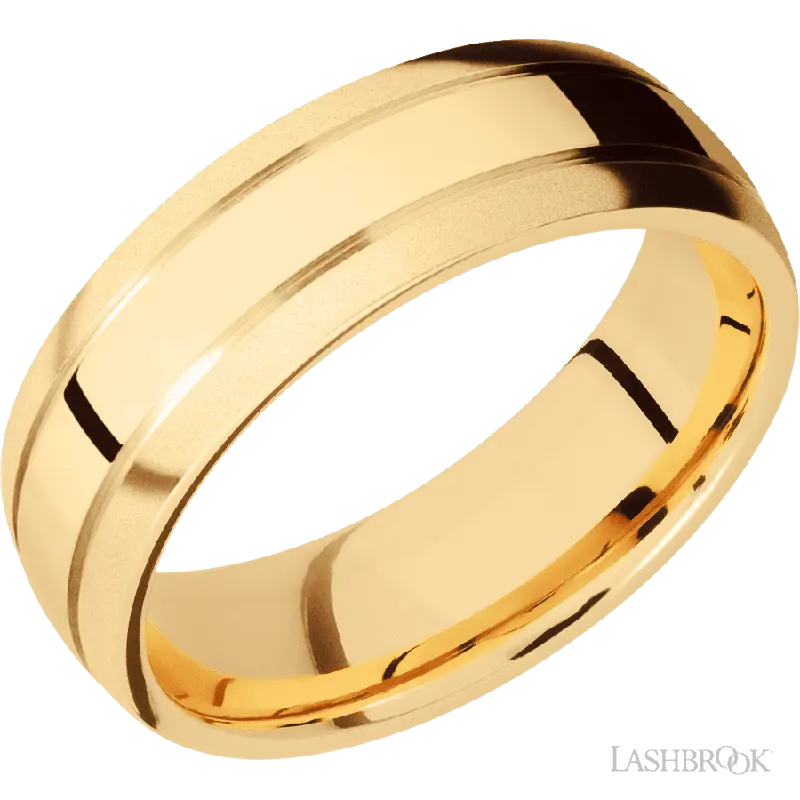 7 mm wide Domed with two accent grooves 14K Yellow Gold band.