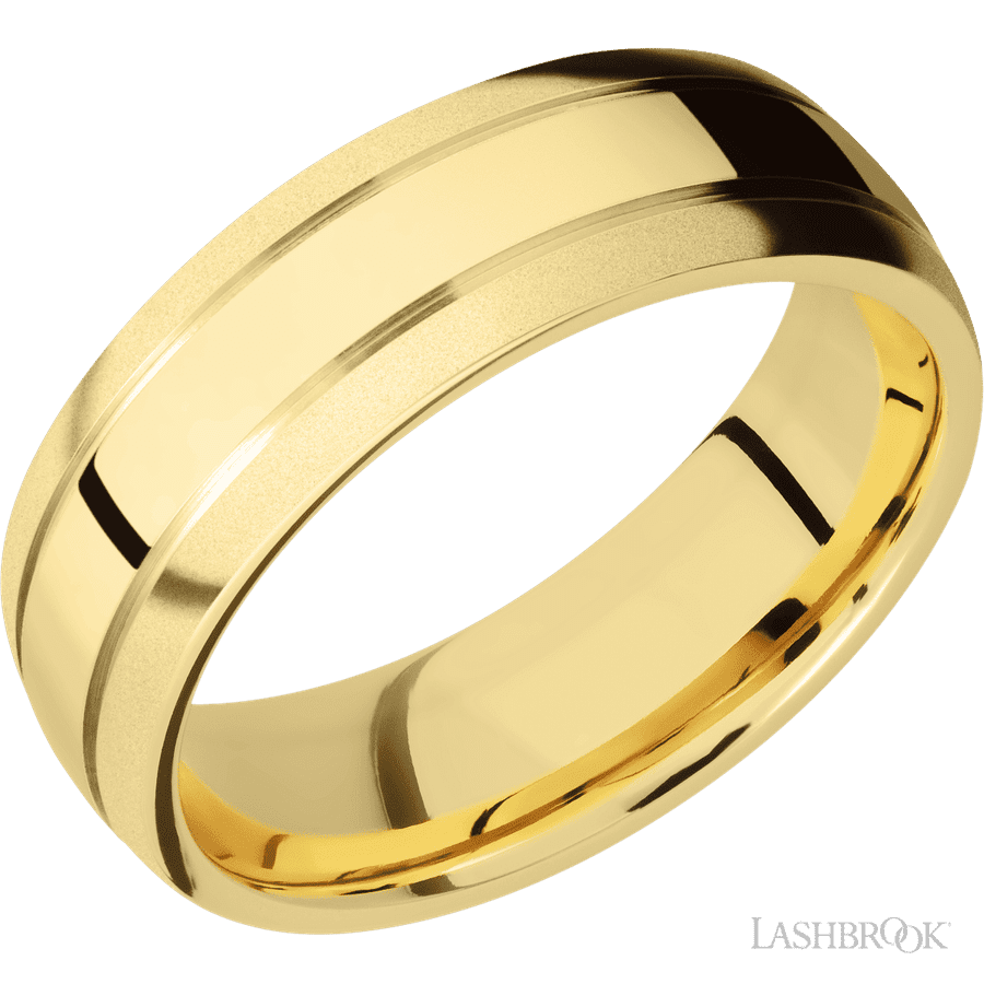 7 mm wide Domed with two accent grooves 14K Yellow Gold band.