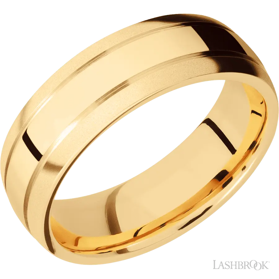 7 mm wide Domed with two accent grooves 14K Yellow Gold band.