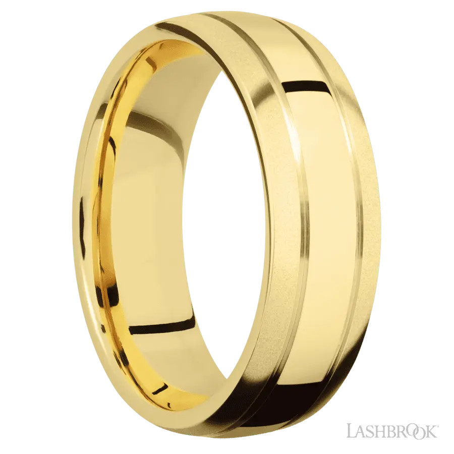 7 mm wide Domed with two accent grooves 14K Yellow Gold band.