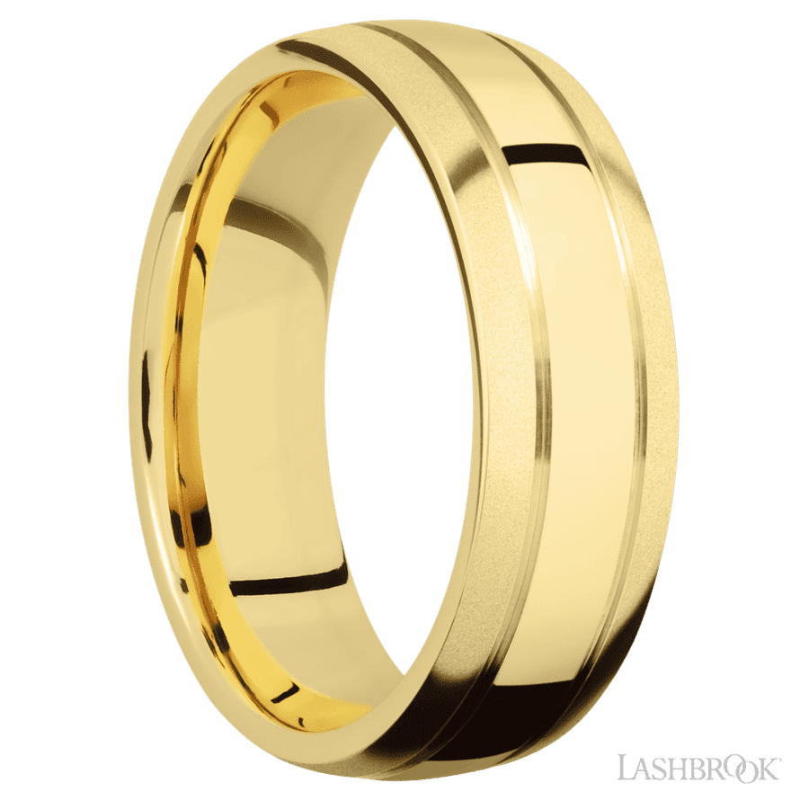 7 mm wide Domed with two accent grooves 14K Yellow Gold band.