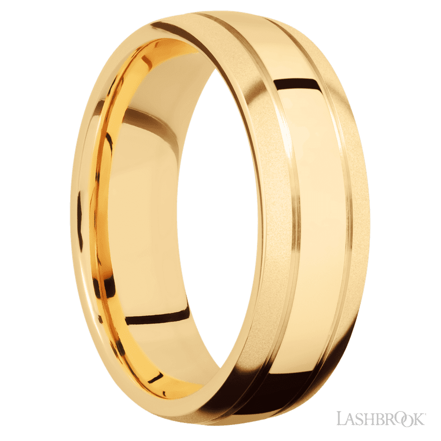 7 mm wide Domed with two accent grooves 14K Yellow Gold band.