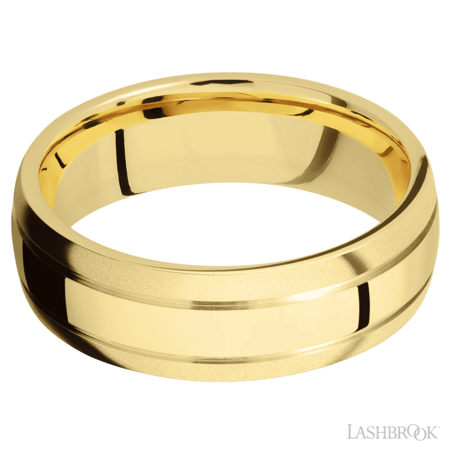 7 mm wide Domed with two accent grooves 14K Yellow Gold band.