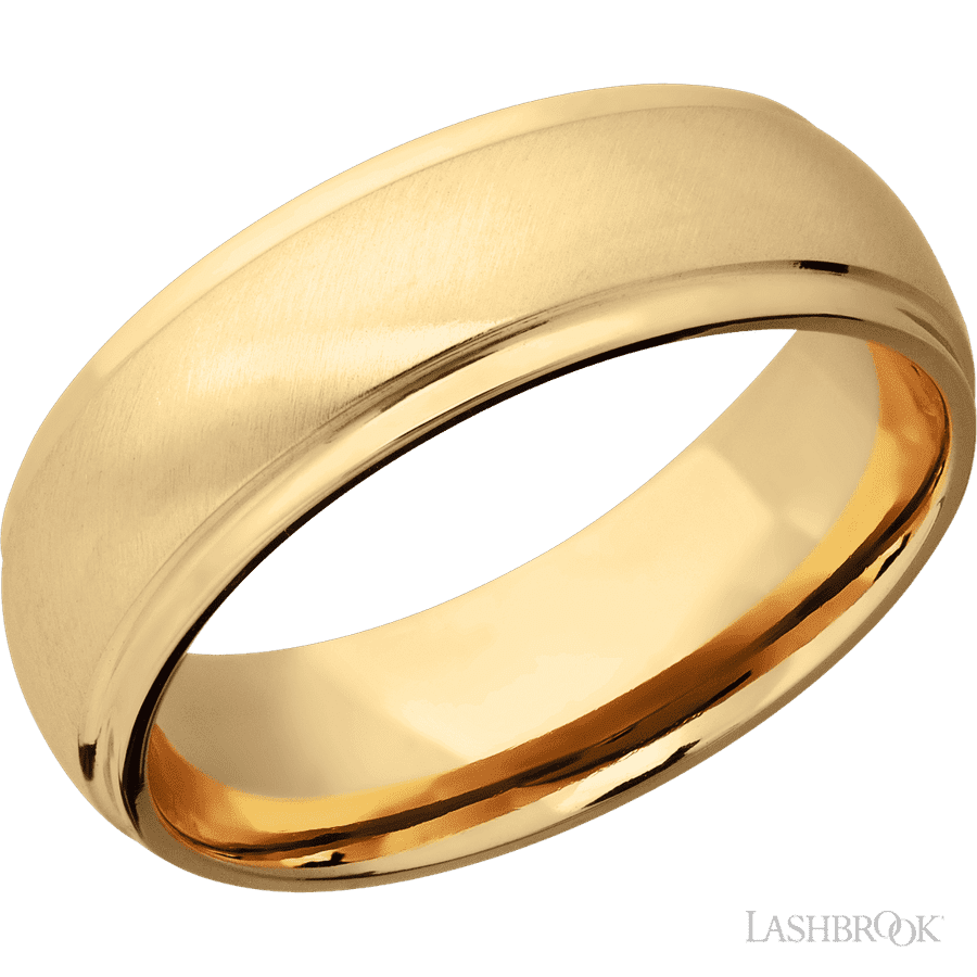 7 mm wide Domed Stepped Down Edges 14K Yellow Gold band.