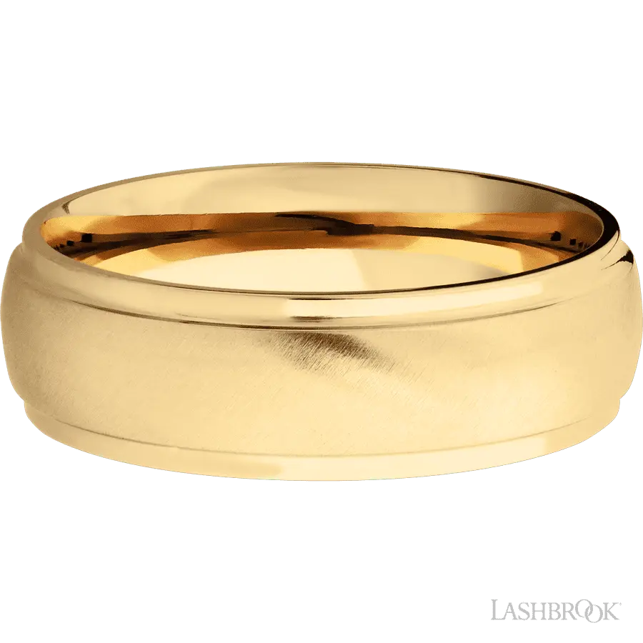 7 mm wide Domed Stepped Down Edges 14K Yellow Gold band.