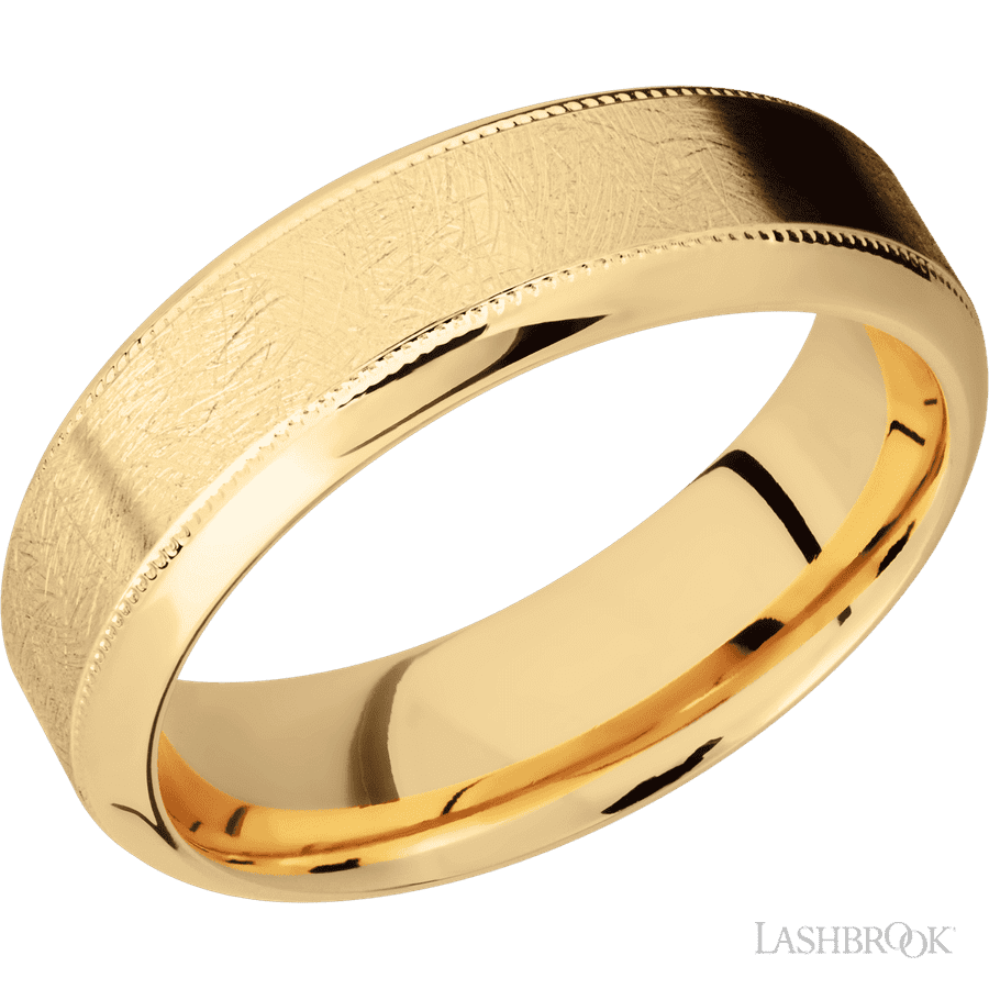 7 mm wide High Bevel Milgrain 14K Yellow Gold band.