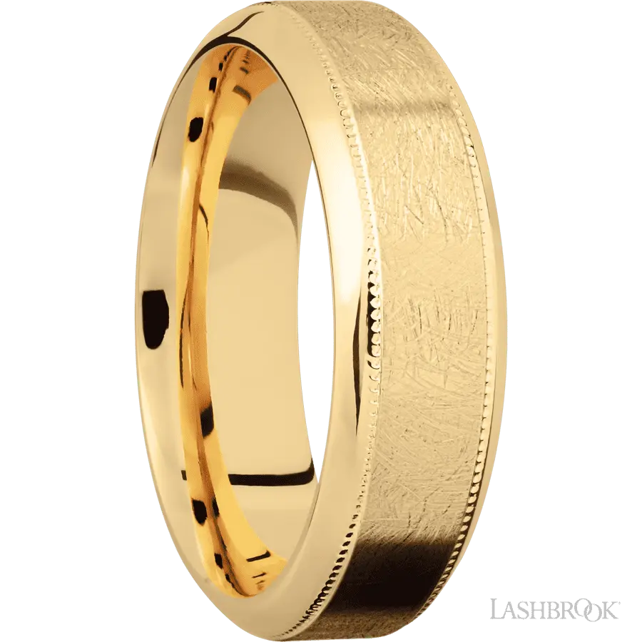 7 mm wide High Bevel Milgrain 14K Yellow Gold band. Lashbrook