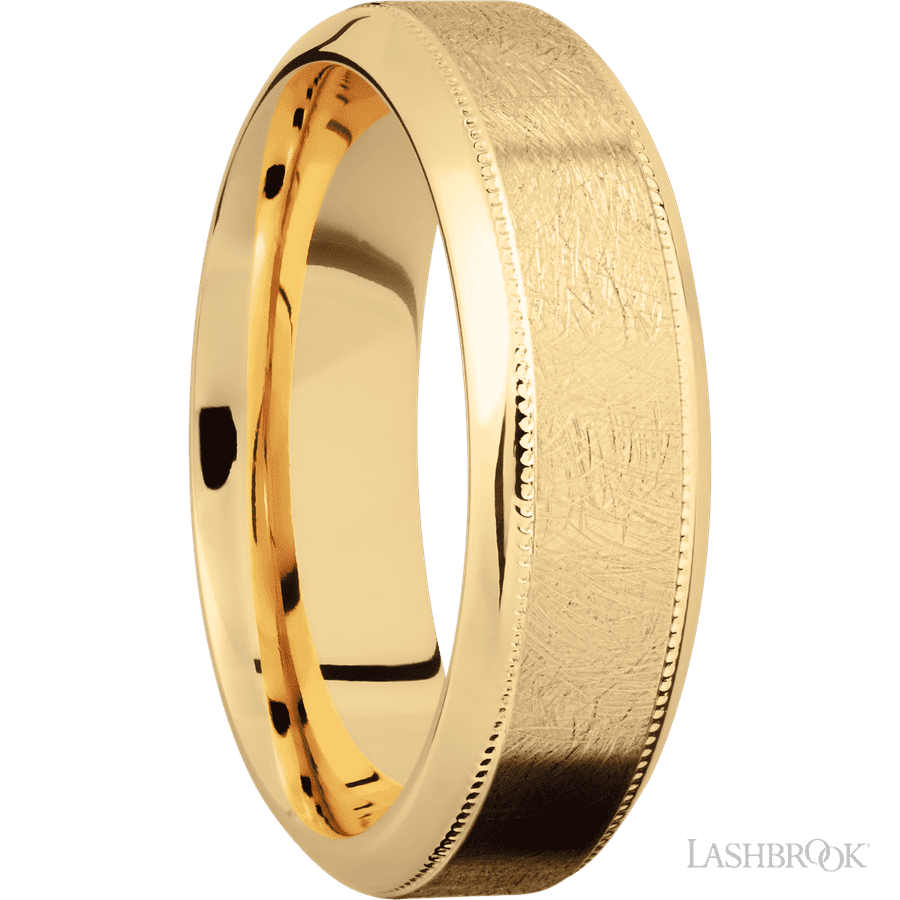 7 mm wide High Bevel Milgrain 14K Yellow Gold band.