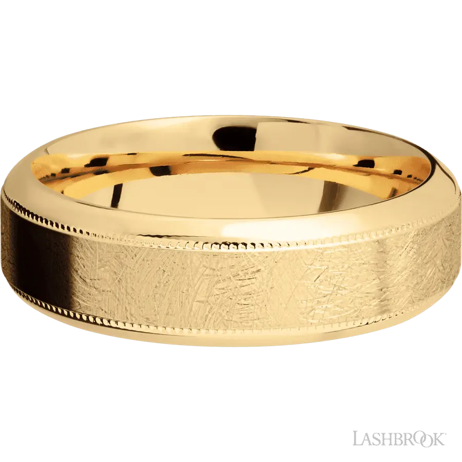 7 mm wide High Bevel Milgrain 14K Yellow Gold band.