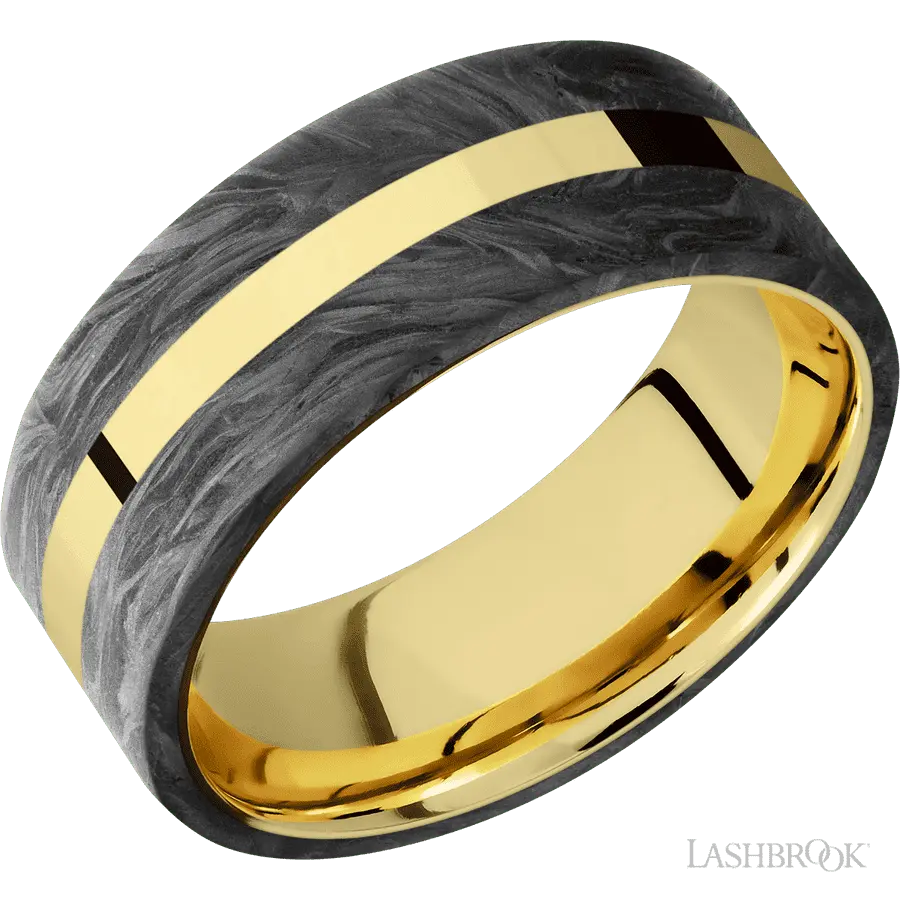 8 mm wide/Flat/14K Yellow Gold band with two 3 mm Double Off Center Edge inlays of Forged Carbon Fiber. Lashbrook