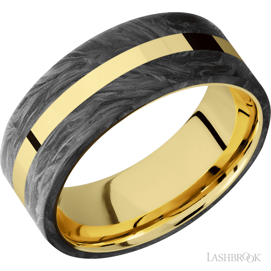 8 mm wide/Flat/14K Yellow Gold band with two 3 mm Double Off Center Edge inlays of Forged Carbon Fiber.