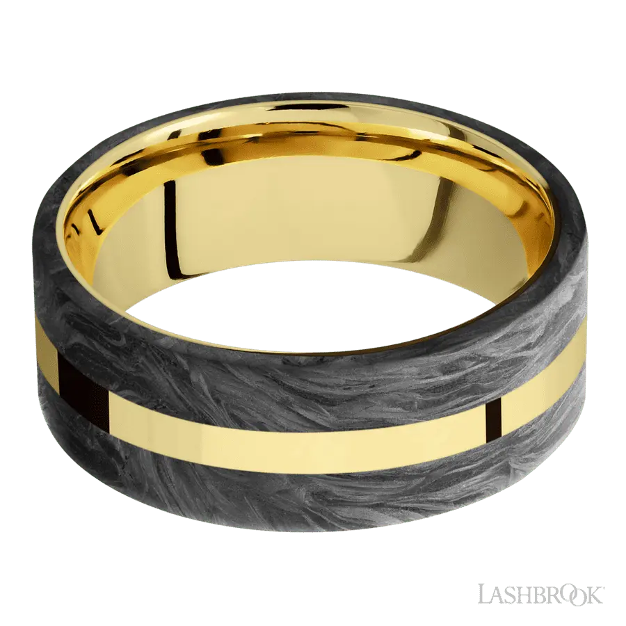 8 mm wide/Flat/14K Yellow Gold band with two 3 mm Double Off Center Edge inlays of Forged Carbon Fiber.
