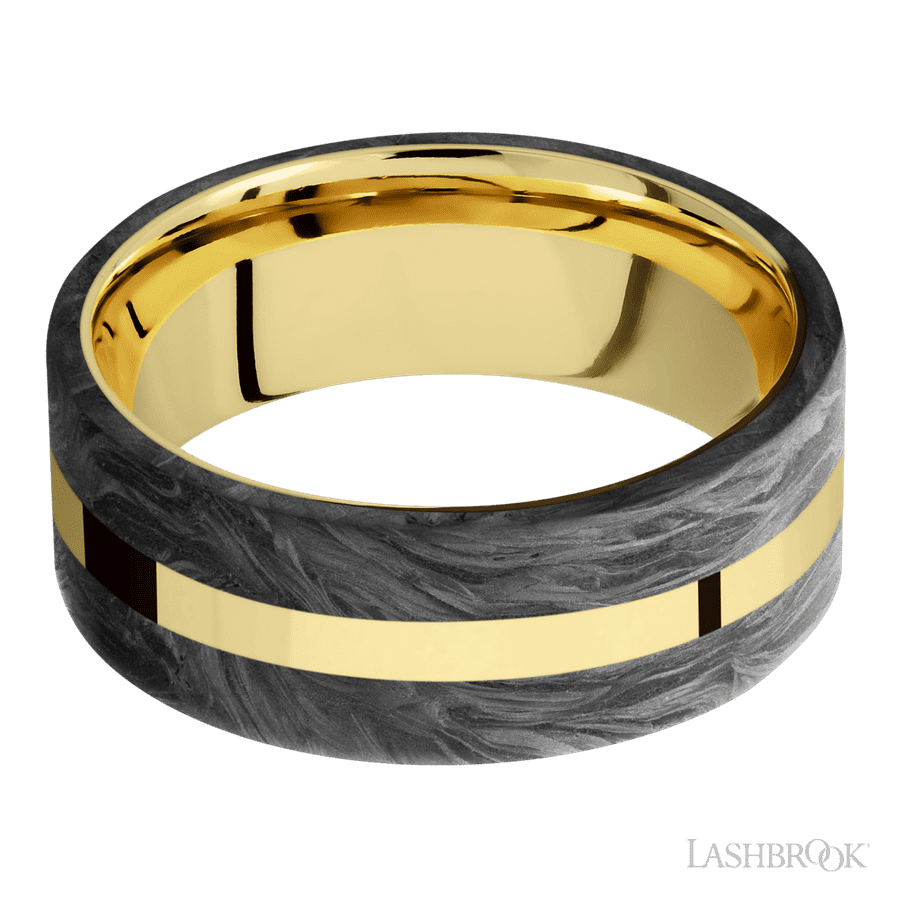 8 mm wide/Flat/14K Yellow Gold band with two 3 mm Double Off Center Edge inlays of Forged Carbon Fiber.