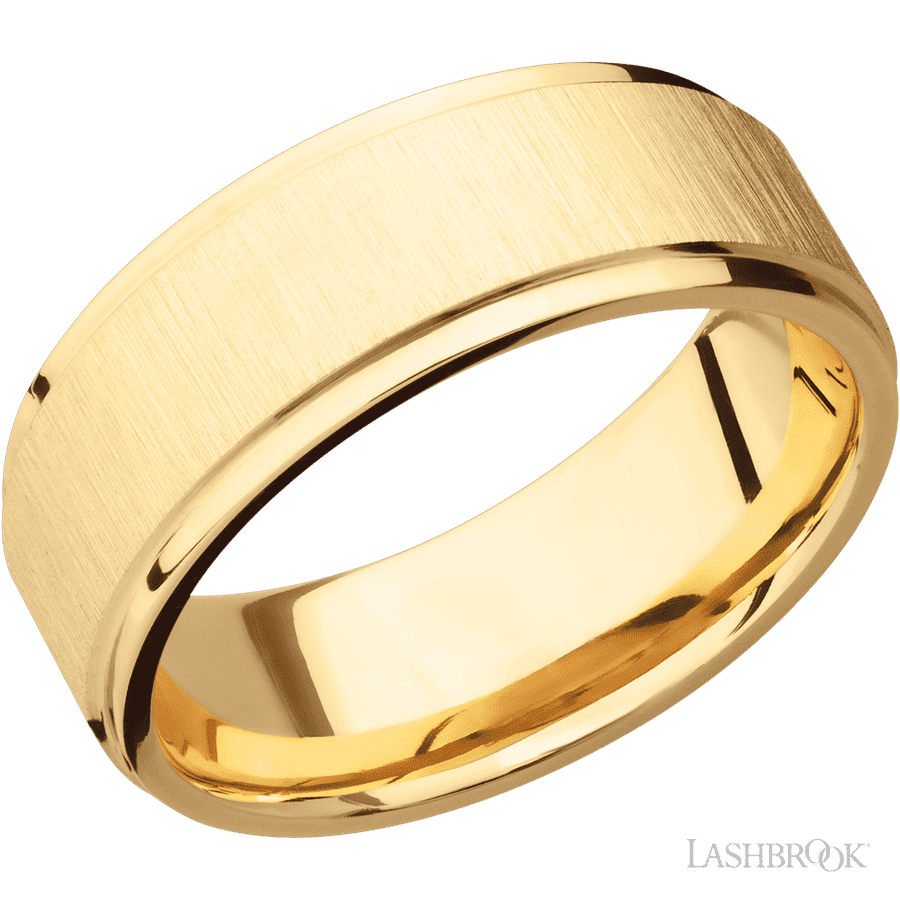 8 mm wide Flat Grooved Edges 14K Yellow Gold band.