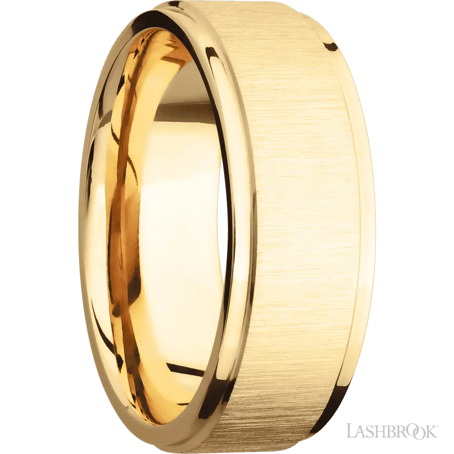 8 mm wide Flat Grooved Edges 14K Yellow Gold band.