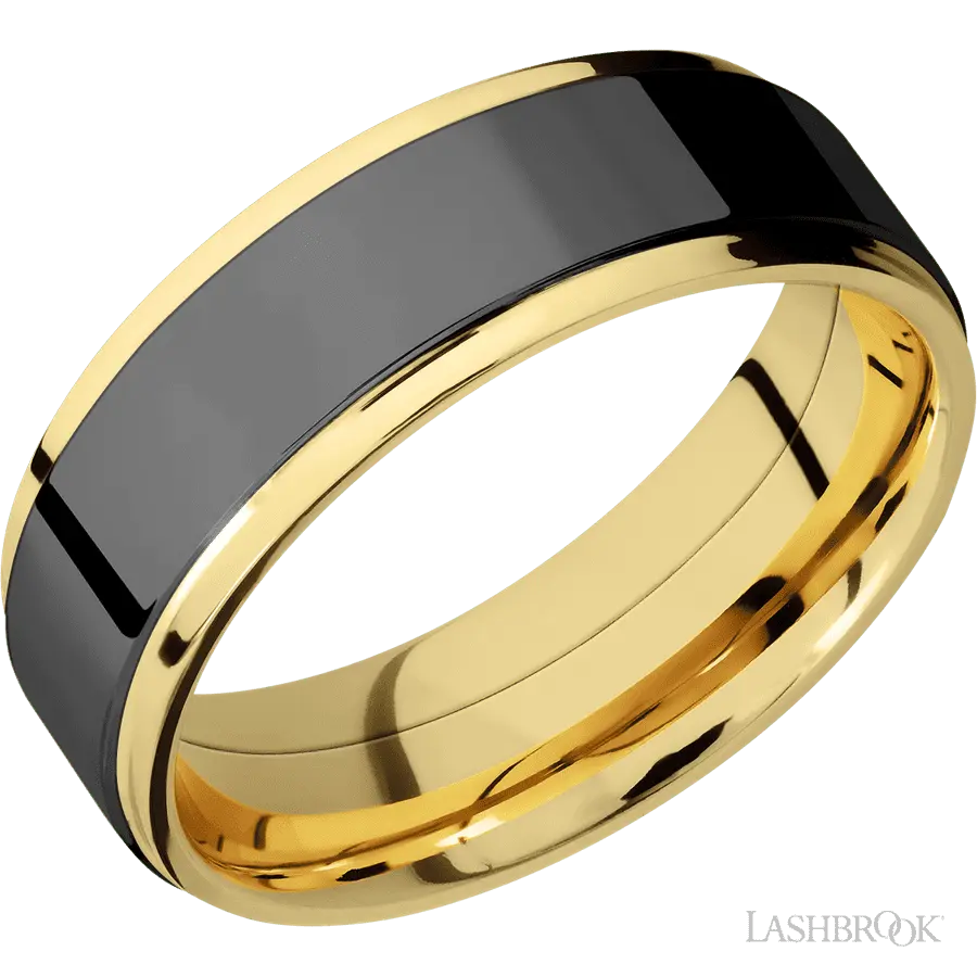 7 mm wide/Flat Grooved Edges/14K Yellow Gold band with one 5 mm Raised Centered inlay of Zirconium. Lashbrook