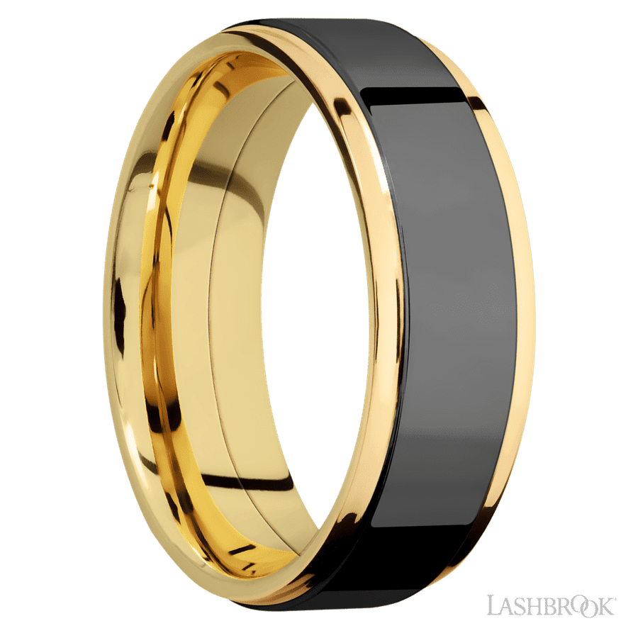 7 mm wide/Flat Grooved Edges/14K Yellow Gold band with one 5 mm Raised Centered inlay of Zirconium.