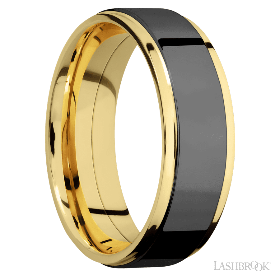 7 mm wide/Flat Grooved Edges/14K Yellow Gold band with one 5 mm Raised Centered inlay of Zirconium.