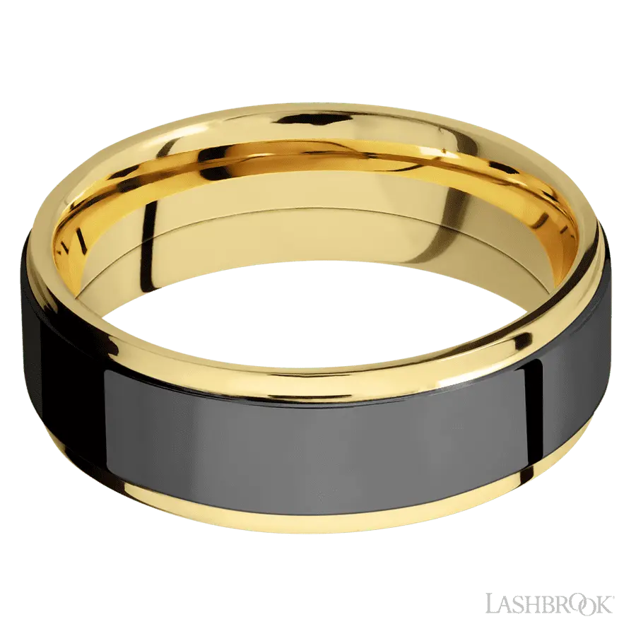 7 mm wide/Flat Grooved Edges/14K Yellow Gold band with one 5 mm Raised Centered inlay of Zirconium.