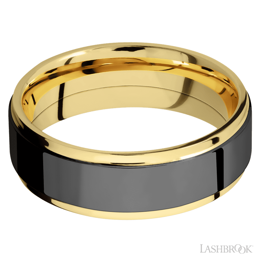 7 mm wide/Flat Grooved Edges/14K Yellow Gold band with one 5 mm Raised Centered inlay of Zirconium.