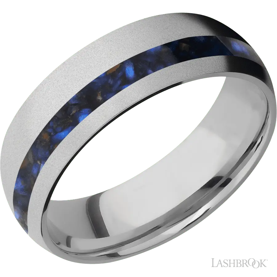 7 mm wide/Domed/Titanium band with one 2 mm Off Center inlay of Blue Tiger Eye.