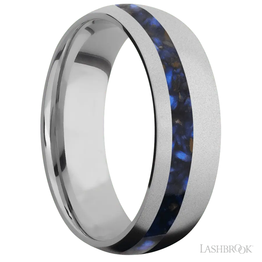 7 mm wide/Domed/Titanium band with one 2 mm Off Center inlay of Blue Tiger Eye.
