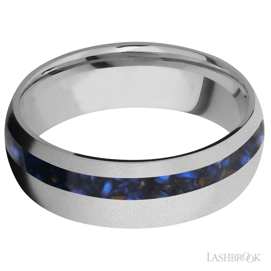 7 mm wide/Domed/Titanium band with one 2 mm Off Center inlay of Blue Tiger Eye.