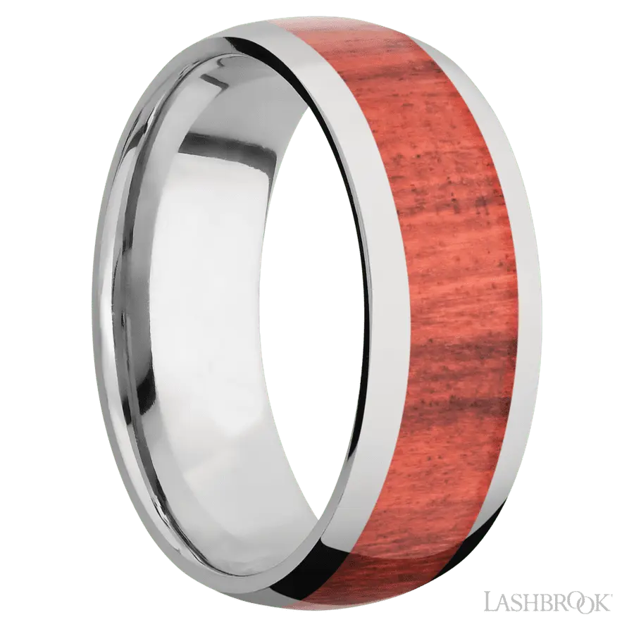 8 mm wide/Domed/Titanium band with one 5 mm Centered inlay of Red Heart.