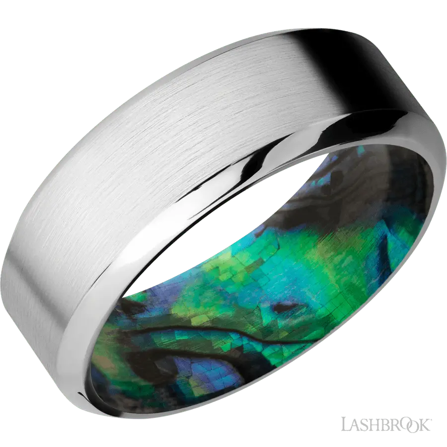 8 mm wide High Bevel Cobalt Chrome band featuring a Abalone sleeve.