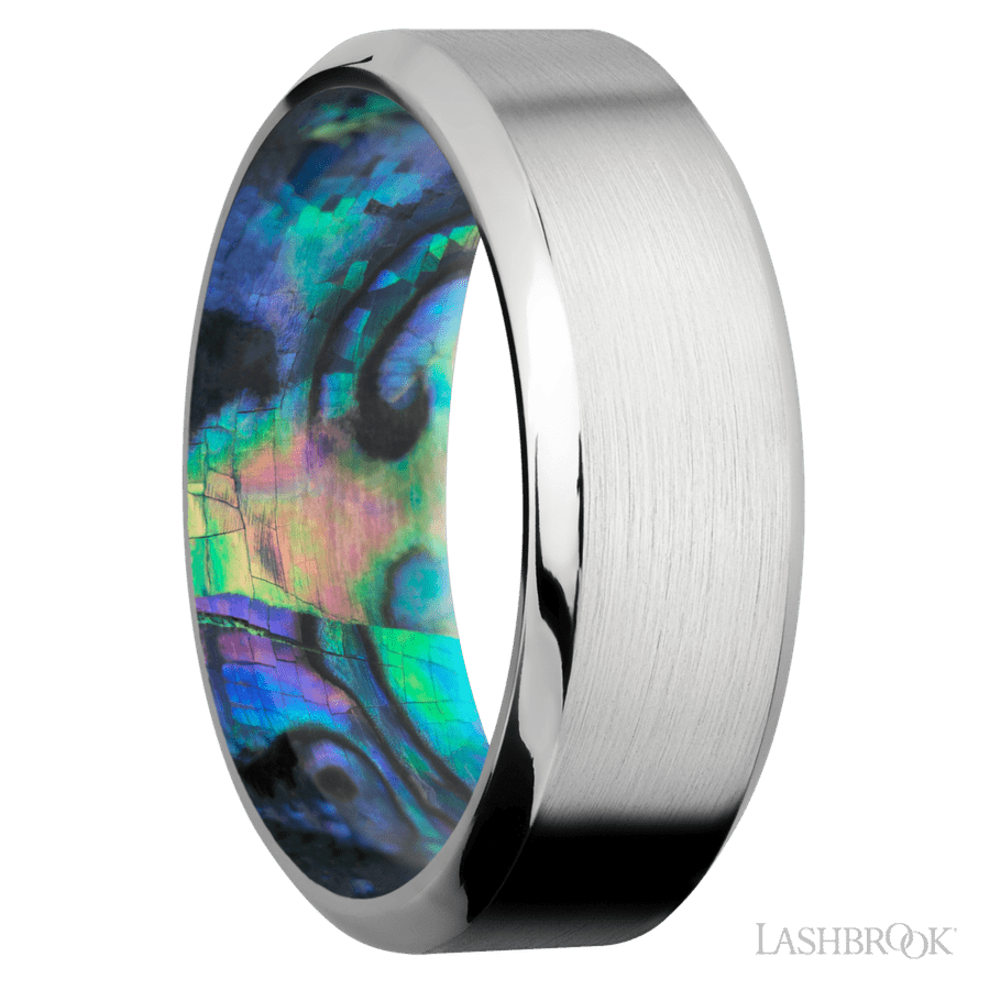 8 mm wide High Bevel Cobalt Chrome band featuring a Abalone sleeve.