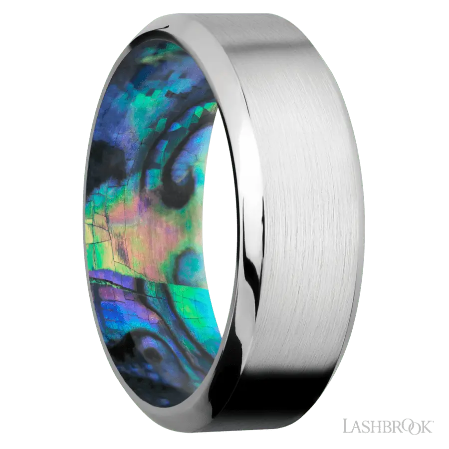 8 mm wide High Bevel Cobalt Chrome band featuring a Abalone sleeve.