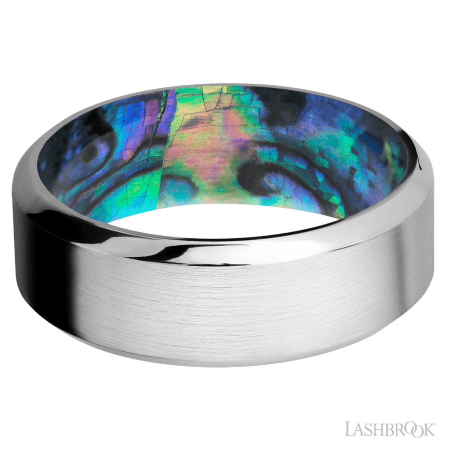 8 mm wide High Bevel Cobalt Chrome band featuring a Abalone sleeve.