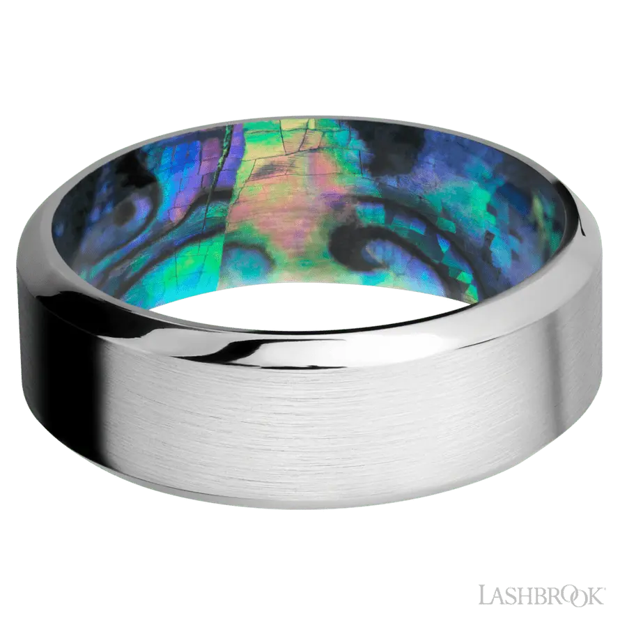 8 mm wide High Bevel Cobalt Chrome band featuring a Abalone sleeve.