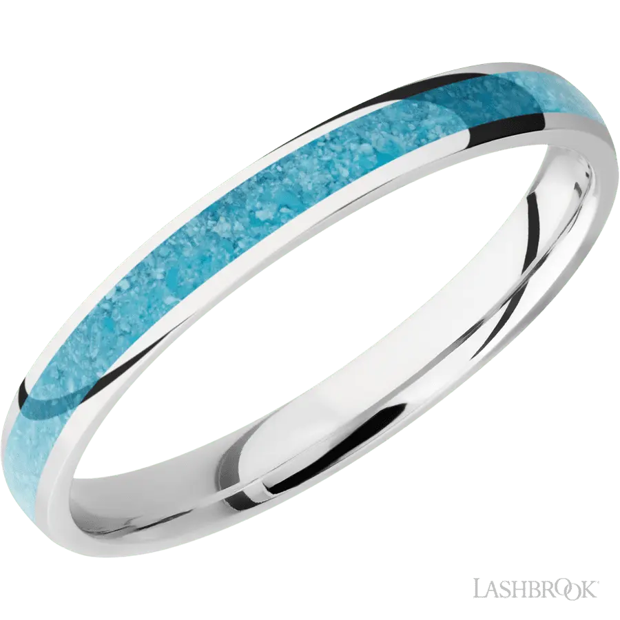 3 mm wide/Domed/Cobalt Chrome band with one 2 mm Centered inlay of Turquoise.