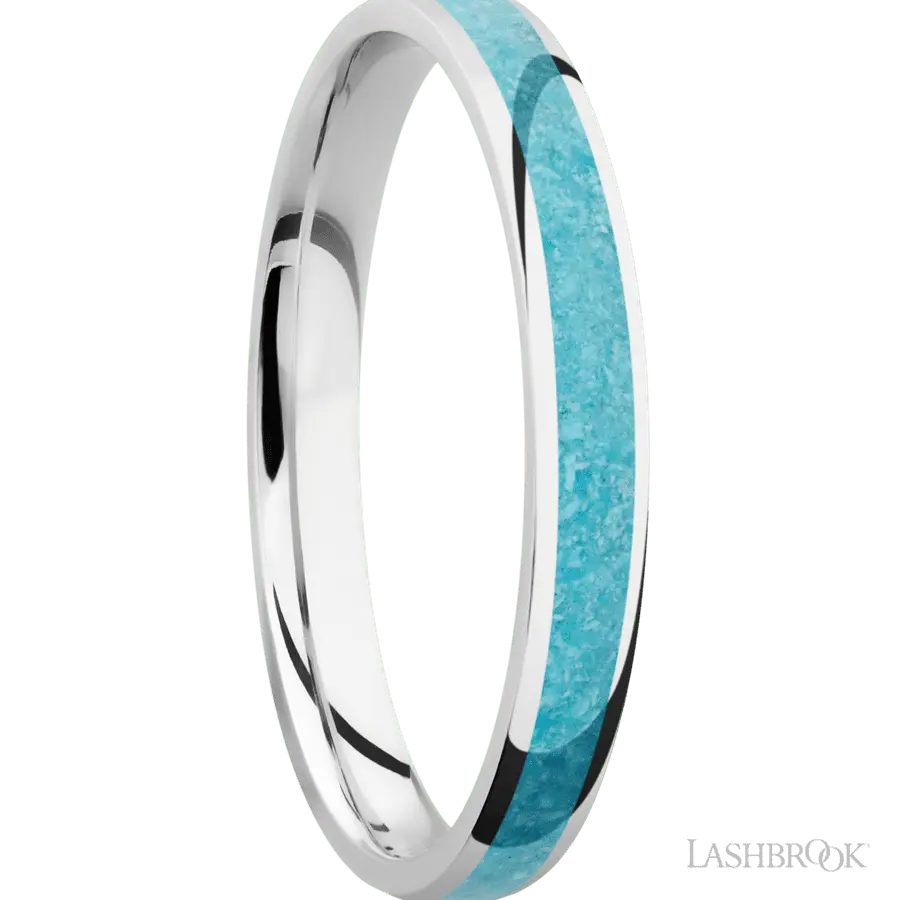 3 mm wide/Domed/Cobalt Chrome band with one 2 mm Centered inlay of Turquoise.