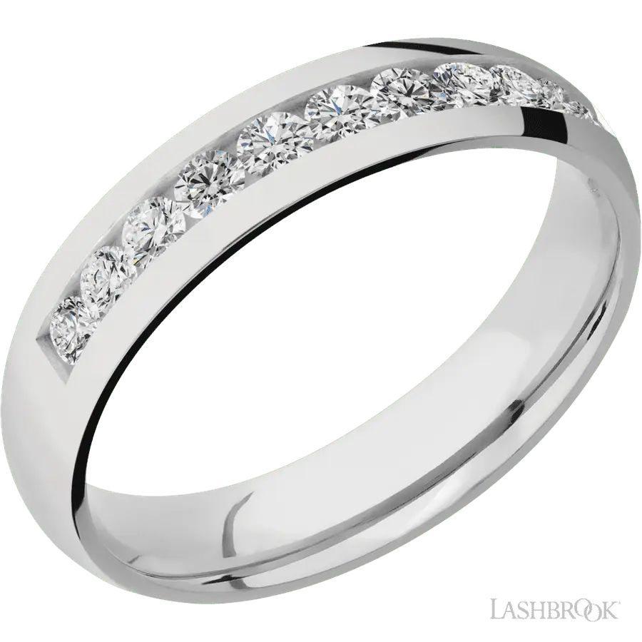 5 mm wide/Domed/Cobalt Chrome band with a Half Eternity arrangement of .07 carat Round Diamond stones in a Channel setting. i