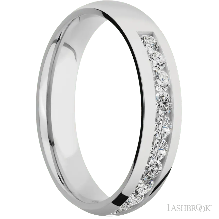5 mm wide/Domed/Cobalt Chrome band with a Half Eternity arrangement of .07 carat Round Diamond stones in a Channel setting.