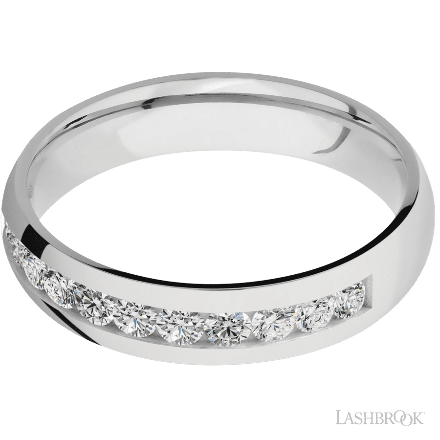 5 mm wide/Domed/Cobalt Chrome band with a Half Eternity arrangement of .07 carat Round Diamond stones in a Channel setting.