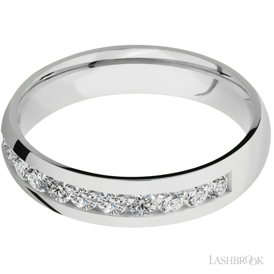 5 mm wide/Domed/Cobalt Chrome band with a Half Eternity arrangement of .07 carat Round Diamond stones in a Channel setting.