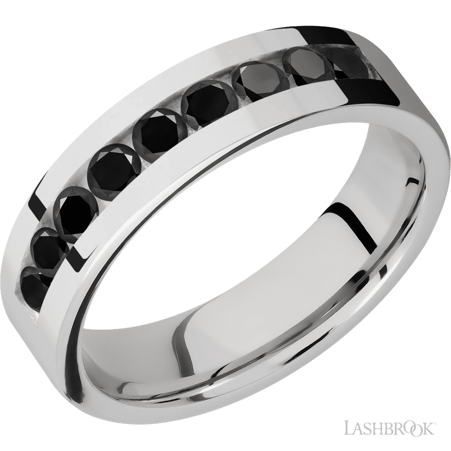 6 mm wide/Flat/Cobalt Chrome band with an  arrangement of 9, .1 carat Round Black Diamond stones in a Channel setting.
