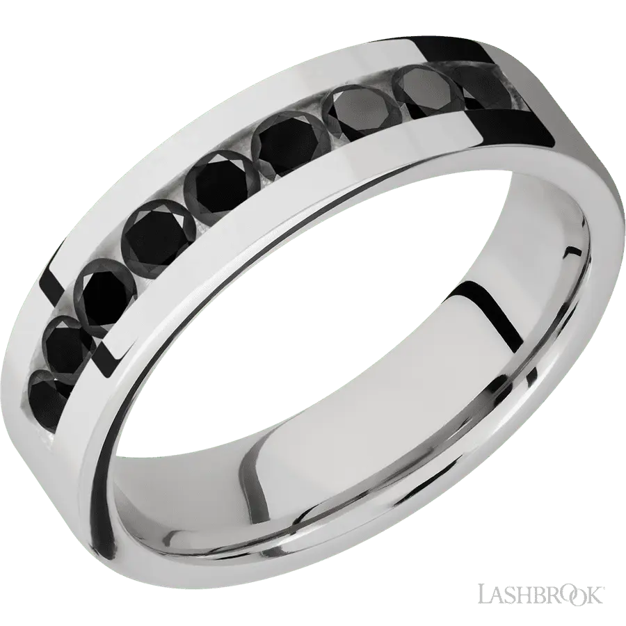 6 mm wide/Flat/Cobalt Chrome band with an arrangement of 9, .1 carat Round Black Diamond stones in a Channel setting.